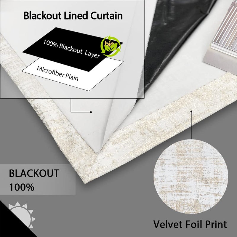 always4u 100% Blackout Soft Velvet Curtains for Bedroom Living Room Thermal Energy Saving 108 Inches Long Luxury Gold Foil Print Drapes 2 Panels White - Image 2